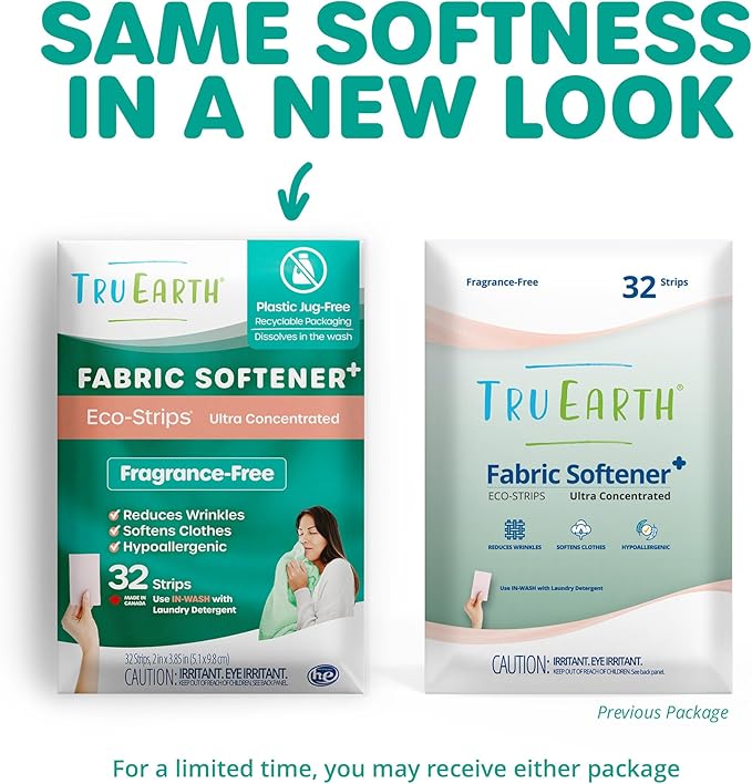 Tru Earth Fabric Softener Strips for Washing Machine, Alternative to Fabric Softener Liquid and Pods, Unscented Fragrance Free, Up to 64 Loads Per 32-Count