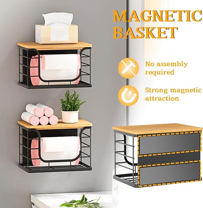 Magnetic Shelf for Fridge Trash Bag Organizer, 2 Pack Stackable Garbage Bag Holder with Bamboo Lid, Magnetic Storage Bin for Refrigerator, Under Sink, Kitchen, Pantry, Small Space Organization – Black