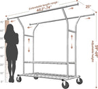 Raybee Clothing Rack Load 630 LBS, Clothes Racks for Hanging Clothes, Rolling Heavy Duty Clothing Rack, Metal Garment Rack for Clothes Storage Bedroom Closet Laundry Room