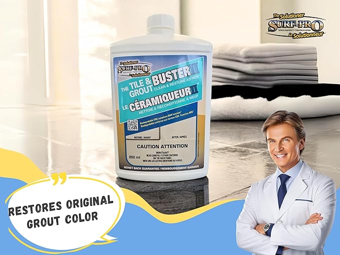 Tile and Grout Buster Cleaner, 850 ml (28 oz) – Heavy-Duty Tile & Grout Stain Remover for Bathroom, Kitchen, Shower & Floors – For Ceramic, Porcelain, Stone & More – Made in Canada