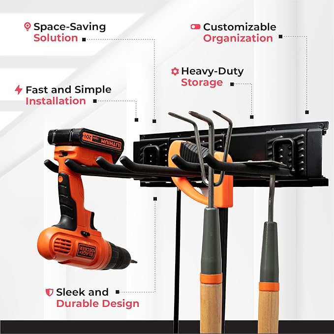 TIDYME Garage Tool Organizer Wall Mount - 32 inches - Sturdy Storage Rack with Adjustable Hooks, Anti-Rust - Easy Installation, 200lbs Capacity - Garden Tool Organizer (02 Racks & 04 Hooks)