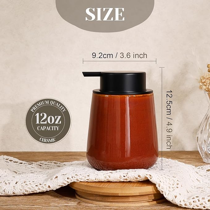 INGOFIN Ceramic Lotion Dispenser - 12 oz Refillable Hand Soap Dispenser Bathroom, Modern Liquid Soap Dispenser with Pump, Dish Dispenser for Kitchen,Kiln-Glazed Red