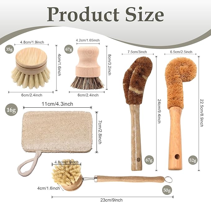 Haploon 7 Piece Wooden Dish Brush Natural,Bamboo Brush Kitchen Set Dish Cleaning Brush Pot Brush & Bottle Cleaner Beech Wood & Natural Bristles Bamboo Scrub Brush for Dishes Plastic Free