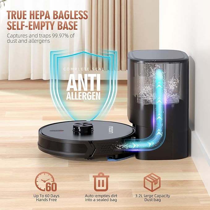 Robot Vacuum and Mop Combo with Self-Emptying Station (60-Day), LiDAR Navigation Robotic Vacuum Cleaner, 5000Pa Suction, 180-Min Runtime, App/Wi-Fi/Alexa Control, for Pet Hair, Carpets & Hard Floors