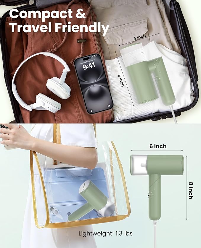 Handheld Steamer for Clothes, 1200W Foldable Travel Steamer, 20 Sec Preheat Garments Wrinkle Remover, 120V Portable Hand Iron with 150ml Water Tank, Clothes Steamer for Home Travel-Green