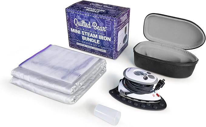 The Quilted Bear Mini Iron, Rest & Ironing Mat - Lightweight Mini Steam Iron with Hard Shell Travel Case, Rest & Ironing Mat - Travel Essentials for Wrinkle Free Travel & Effortless Quilting (Black)