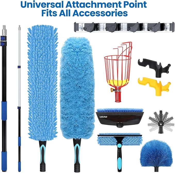 20ft High Ceiling Duster Kits with 5-12ft Heavy Duty Extension Pole - Fan Blade Cleaner, Cobweb Remover & Blue Window Squeegee Kit, Washable Dust Brush for High Roof and Glass Surfaces