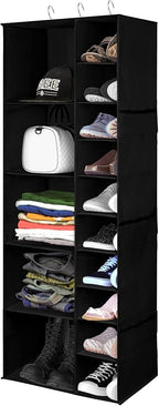 Libeder Shoe Organizer for Closet, 15 Shelf Hanging Closet Storage Shelves - 10 Shoe Rack Organizer and 5 Compartment for Clothes with 6 Side Mesh Pockets for Scarf, Socks,Gloves Black