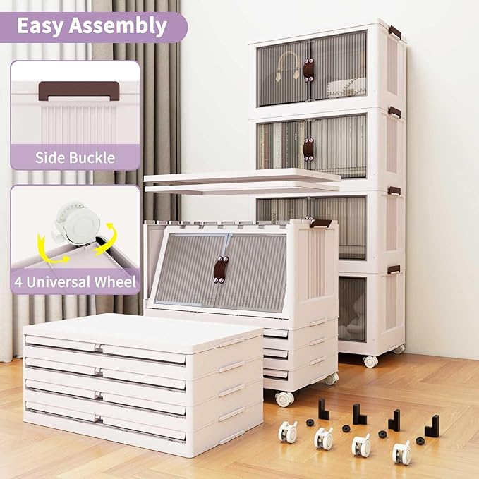 Luxdecor Plastic Storage Bins With Lids-Stackable Plastic Storage Bins on Wheels, Closet Organizers and Storage Cabinet with Doors,Larger 4Tier