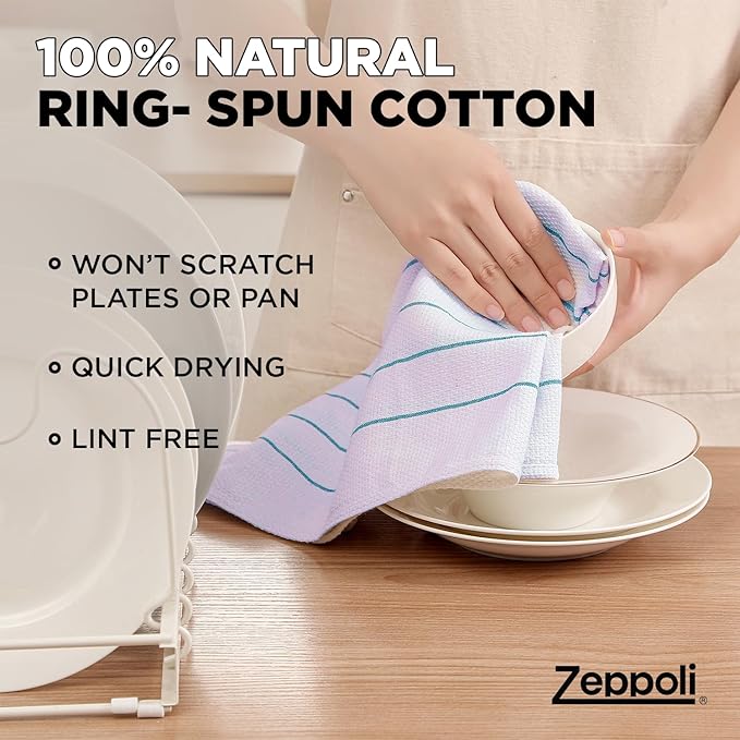 Zeppoli Classic Kitchen Towels - 6 Pack 100% Natural Cotton Towel Set, Reusable Wash Cloths, Absorbent Dish Towels, Machine Washable Hand Towels, Kitchen Essentials, 20" x 28" - Aqua Base