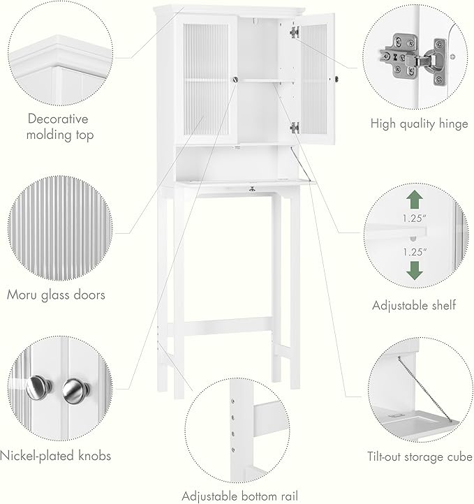 Spirich Over The Toilet Storage Cabinet with Muro Glass Doors, Over Toilet Bathroom Organizer with Tilt-Out Cube and Adjustable Shelf, White