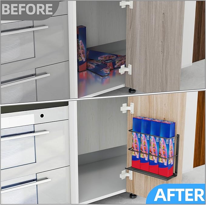 2 Pack Kitchen Wrap Organizer Door Mount, Aluminum Foil Holder Cabinet Door Organizer Cabinet Storage Basket for Kitchen Wrap/Food Bag Storage, Black