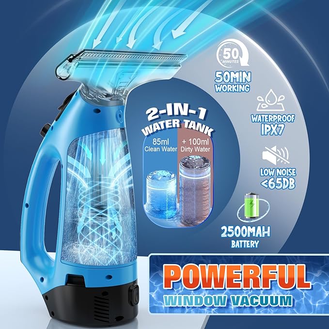 3 in 1 Rechargeable Window Vacuum Squeegee Cordless with 10 inch Blade, Window Cleaner for Efficiently Spraying, Wiping and Vacuuming Windows, Mirrors, Shower Glass, Tiles and Countertops, Blue