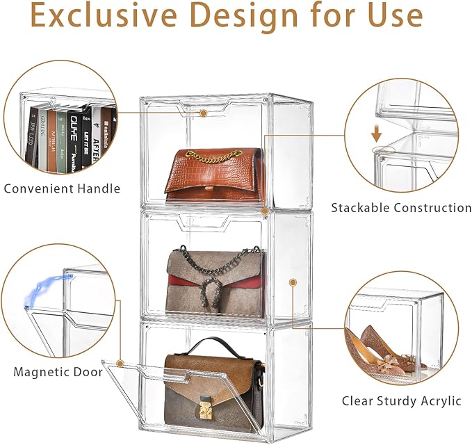 3 Pack Clear Storage Bins with Lids, Storage Containers with Magnetic Door, Stackable Acrylic Display Case for Handbags, Cosmetic, Multifunctional Storage Boxes for Dorm, Living Room, Bedroom Storage