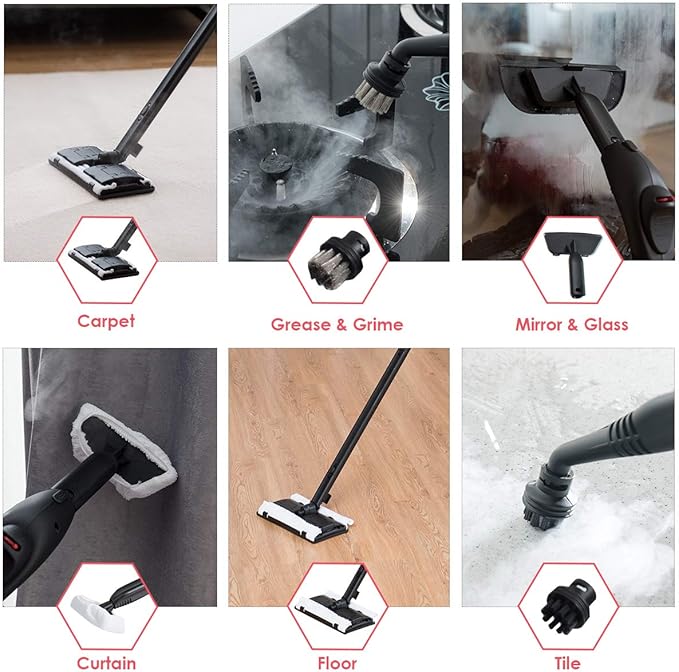 COSTWAY 2000W Multipurpose Steam Cleaner with 19 Accessories, Household Steamer with 1.5L Tank for Cleaning, Heavy Duty Rolling Cleaning Machine for Carpet, Floors, Windows and Cars, Red