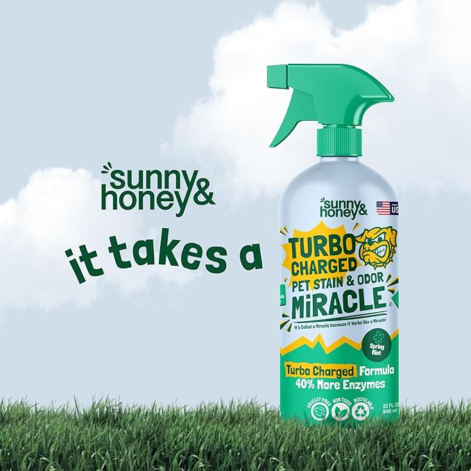 Sunny & Honey Carpet Cleaner Spray - 32 Fl Oz, Spring Mint - 40% More Enzymes & Carpet Stain Remover - Pet Urine Enzyme Cleaner & Floor Deodorizer - Pet & Kid Safe Rug Cleaner