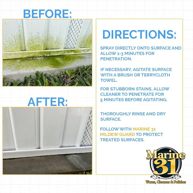 Marine 31 Mildew Stain Remover & Cleaner | Multi-Surface Cleaner for Boats, Marine, Bathroom & Patio | Removes Mildew & Stains | Powerful Formula | M31-370-20OZ | 20oz