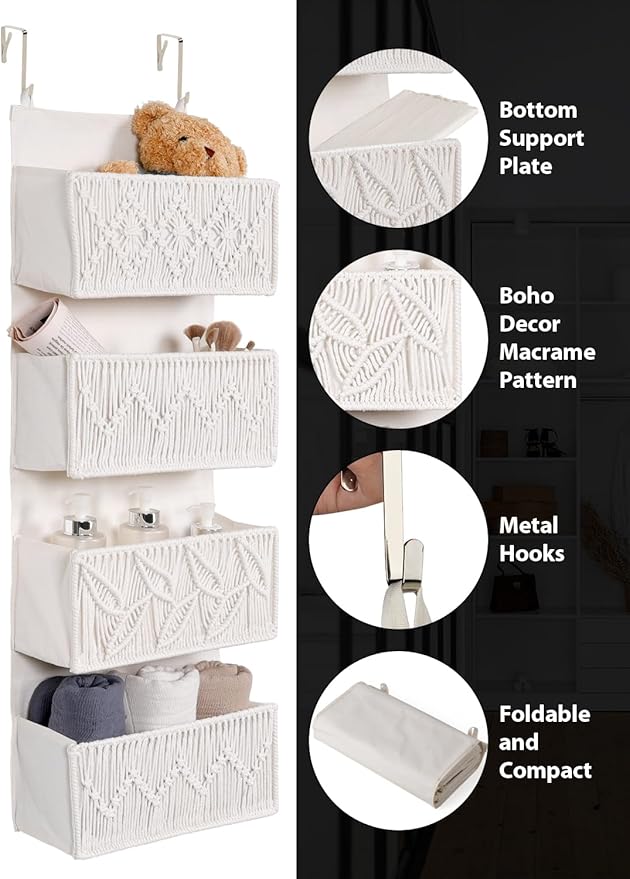 Macrame Over the Door Organizer Boho Decor Nursery Storage, Leaf Weaving Closet Organizers and Storage，with 4 Hanging Pockets, Behind Door for Bathroom, Bedroom