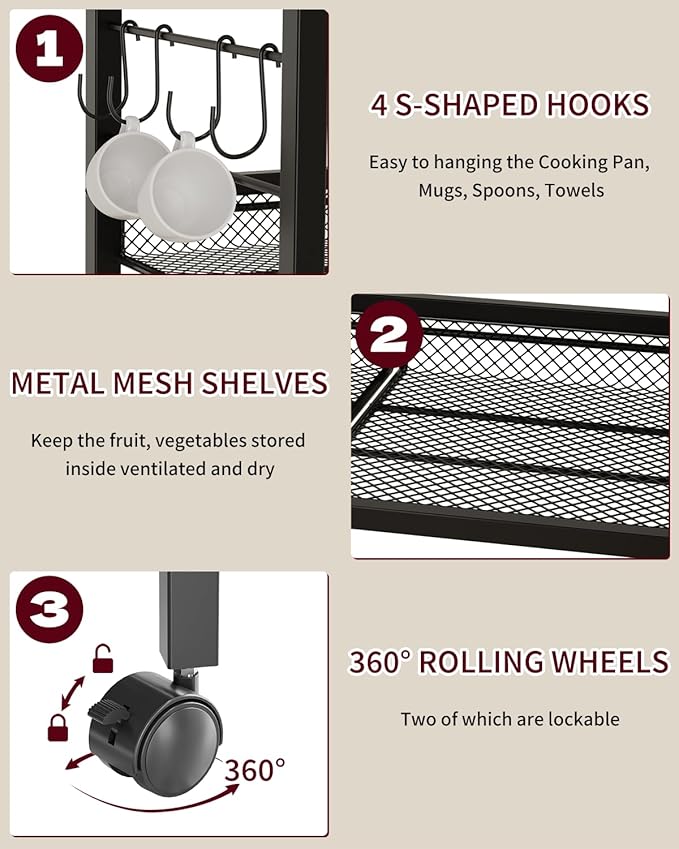Kitchen Rolling Cart with Power Strip, 3 Tier Microwave Stand on Lockable Wheels, Small Utility Cart with Storage, Coffee bar&Tea Table, Organizer Shelves for Kitchen, Office, Living Room