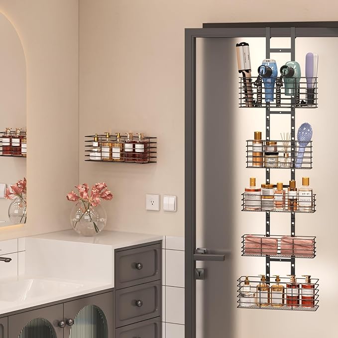 5-Tier Over The Door Bathroom Organizer - Hair Dryer Holder - Hair Tool Organizer Adjustable Height, DIY Bathroom Storage Shelf Wall Mounted for Flat/Curling Irons, Straighteners, Skincare