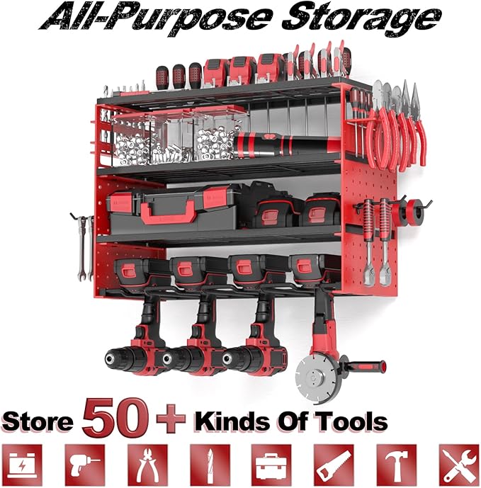Power Tool Organizer Wall Mount, 4 Layers Tool Storage Rack with 2 Side Red Pegboards, 4 Drill Bit Rack,Heavy Duty Metal Garage Tool Shelf Organize for Workshop Garage Tool Room