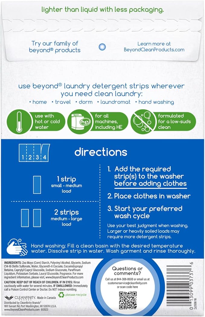 Beyond Laundry Detergent Strips [32 strips] - Fresh Linen - Eco-friendly, Hypoallergenic. Travel friendly. Dissolvable Strips.