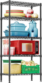 IZEUK 5-Tier Black Metal Storage Shelves, Heavy Duty Wire Shelving Unit for Home, Kitchen, Office, or Garage Organization, 1250 lbs Capacity, 13.8" D x 29.5" W x 59.5" H