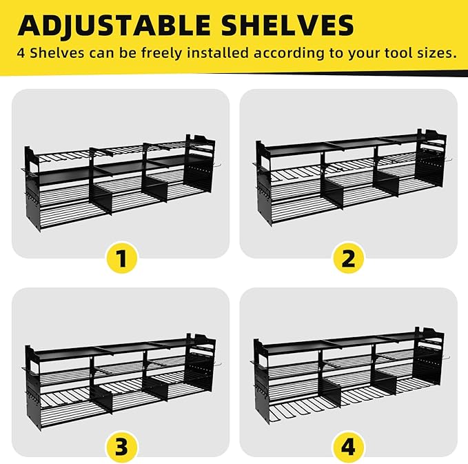 Power Tool Organizer Wall Mount with 12-Drill Holders-800Lbs Load Heavy Duty Metal 4-Layers Garage Storage and Organization Adjustable Battery Tools Rack with Side Panels Utility Racks Gifts for Men
