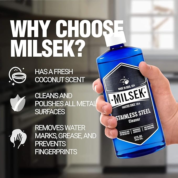 Milsek Stainless Steel Cleaner - Multipurpose Cleaning Supplies for Home and Kitchen Appliances, Sink, Stovetop, Dishwasher, Microwaves and Refrigerators - 12 Fl Oz (Pack of 2) with Microfiber Towel