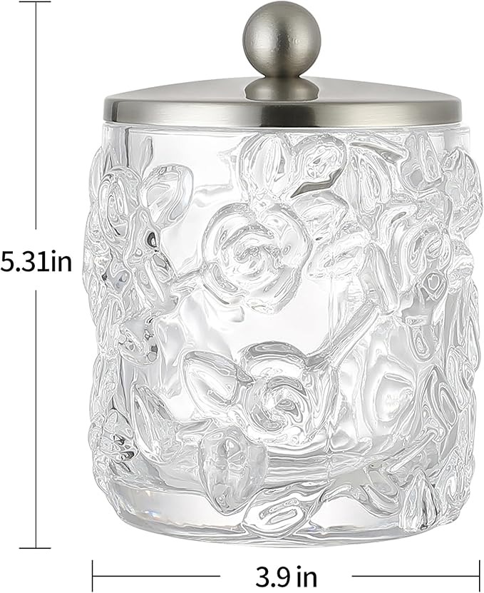 Clear Transparent Apothecary Floral Embossed Glass Jar With Satin Nickel Metal Lid Cover for Bathroom Organization, Cotton Balls, Q Tips, and Small Accessories, Bathroom Storage