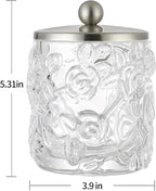 Clear Transparent Apothecary Floral Embossed Glass Jar With Satin Nickel Metal Lid Cover for Bathroom Organization, Cotton Balls, Q Tips, and Small Accessories, Bathroom Storage