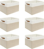6 Pack Fabric Storage Baskets for Shelves, Closet Storage Bins for Shelves, Fabric Baskets for Organizing with Handles for Home and Office (White with Beige,15"L*10.2"W*9"H)