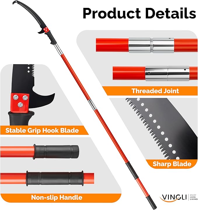VINGLI 24ft Manual Pole Saws, Extendable Tree Trimmers Long Handle Pruner, Sharp Steel Blade and Scissors, Long Tree Pruner with Lightweight 7 Fiberglass Handles for Pruning Palms and Shrubs
