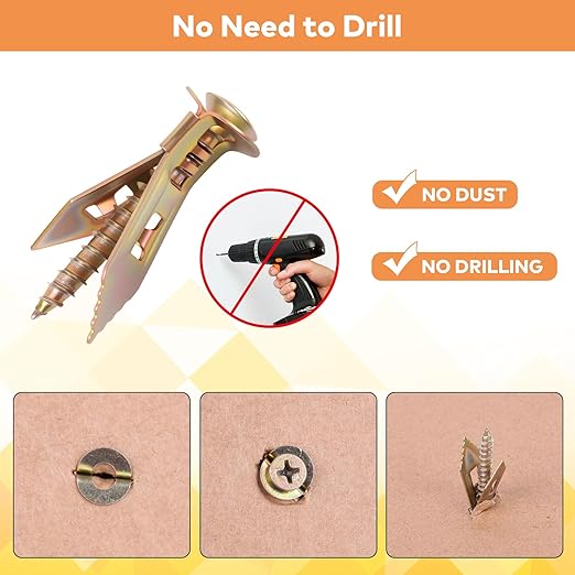 160 Pcs Self Drilling Drywall Anchors with Screws Kit, 80 Sheetrock Anchors (0.47x1.18inch) & 80 Zinc Plated Expansion Screws, Easy Application No Drill Needed, Hold 66LB for Wall Hanging