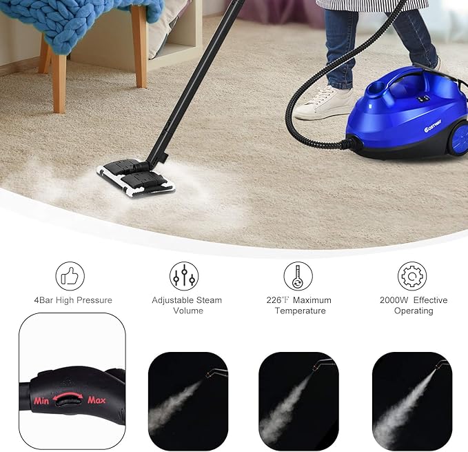 COSTWAY 2000W Multipurpose Steam Cleaner with 19 Accessories, Household Steamer w/ 1.5L Tank for Chemical-Free Cleaning, Heavy Duty Rolling Cleaning Machine for Carpet, Floors, Windows and Cars (Blue)