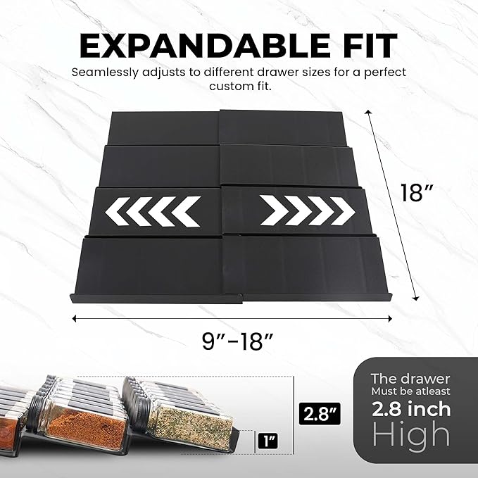 ALCOVA Spice Drawer Organizer, 4 Tier Expandable Spice Rack for Drawer from 9" to 18", Spice Organizer for Drawers and Countertop 8 Pcs Pack (Jars not included)