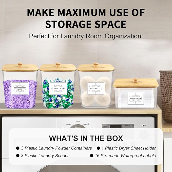 4PCS Laundry Pods Container, Clear Laundry Room Organization and Storage with Bamboo Lids, 3 Premium Scoops & Labels – Ideal for Scent Booster Beads, Dryer Balls, Sheets & Powder