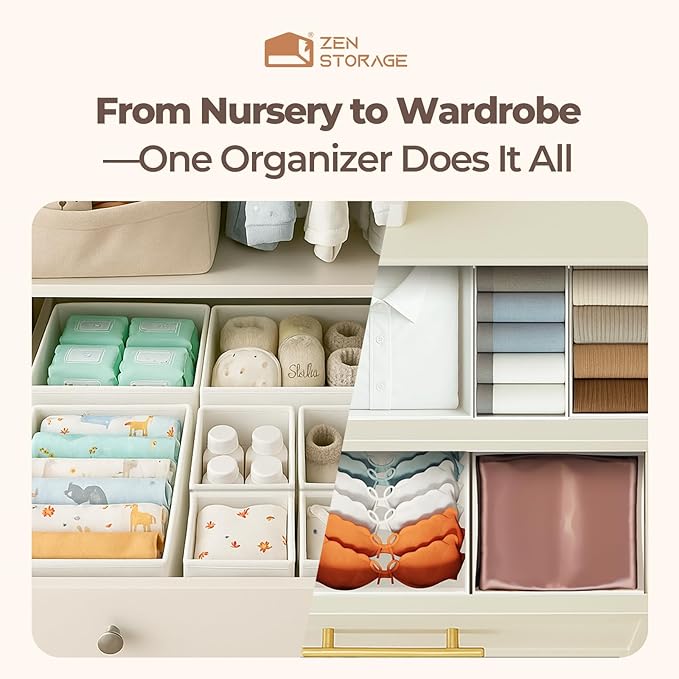 Sturdy Drawer Organizers (12-Pack) - Fabric Dresser Drawer Organizers & Dividers for Nursery Organization, Baby Organizers and Storage for Clothes, Socks & Underwear, White