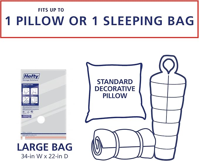 Hefty Shrink-Pak Heavy Duty Vacuum Storage Bags – For Clothes, Pillows, Towels, Blankets & More – Space Saver Vacuum Suction Seal for Home or Travel – 4 Large Bags, 34 x 22 Inches