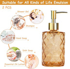 Glass Soap Dispenser with Gold Plastic Pump, 12oz Refillable Liquid Hand Soap Dispenser, 2 Pack Crystal Lotion Bottle for Modern Home Decor, Bathroom, Kitchen Countertop, Hotel(Amber)