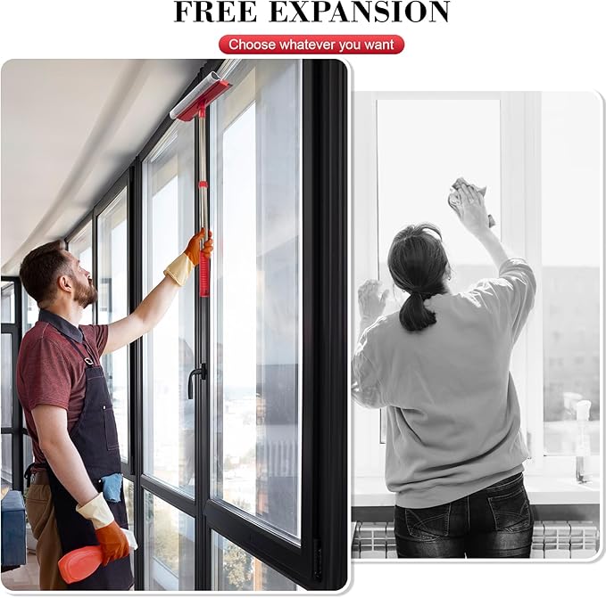 Window Squeegee with 15.7"-27.5" Retractable Stainless Steel Handle, 2-in-1 Windshield Cleaner Tool for Cars, Trucks, Glass Doors, Shower Glass, Outdoor Windows – Window Cleaner (Red)