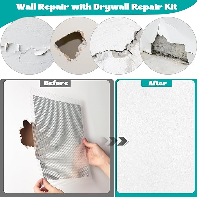 5Pcs Drywall Repair Kit Large Hole, 12 x 12in Self-Adhesive Drywall Patch Kit with Sandpapers & Scrapers, Wall Repair Patches for Big Holes & Cracks, Quick Fix for Ceiling Bathroom Wall Damage