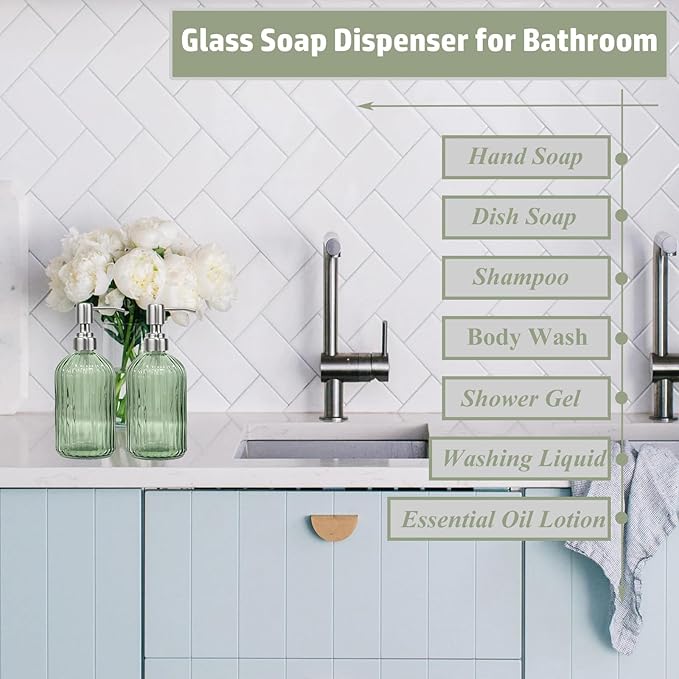 14Oz Green Soap Dispenser Bathroom - 2 Pack, Clear Glass Hand Soap Dispensers with Stainless Steel Pump, Refillable Dish Soap Dispenser with Funnel for Kitchen, Countertop Soap Dispensers