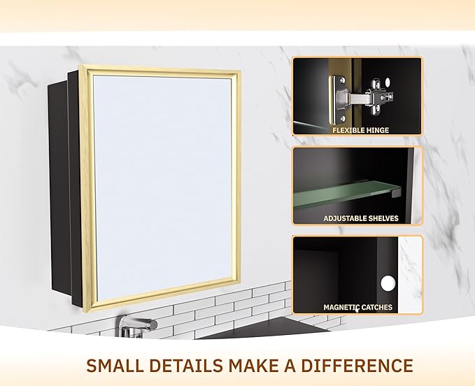 Medicine Cabinet with Mirror Recessed or Surface Mount Farmhouse Style Single Door Mirror Cabinet Finish Square Bathroom Storage, (Brushed Gold, 24x24 Inch)