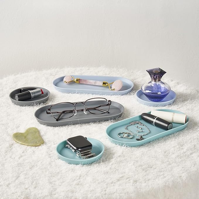 Blue Ginkgo Mini Silicone Trays – Set of 6 Easy-Clean Organizers for Bathroom, Kitchen, Desk, Vanity, and Cosmetics (Blue, Mint, Gray)