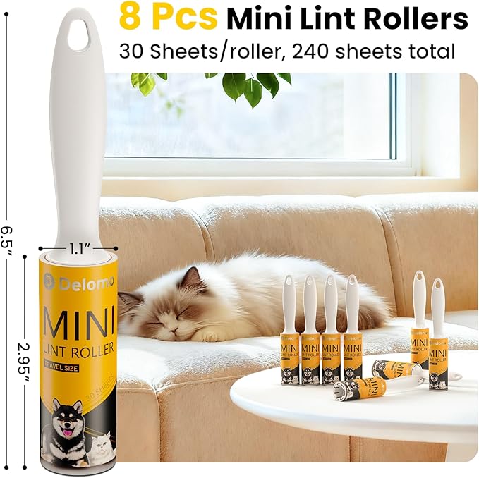 DELOMO Mini Lint Rollers Travel Size 8 Pack (240 Sheets Total) – Extra Sticky Lint Roller for Pet Hair, Clothes, Furniture & Car – Compact Portable Design for On-The-Go Quick Cleanups