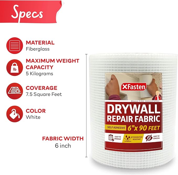 XFasten Drywall Repair Mesh Tape - 6-Inch X 90-Foot Mesh Tape for Drywall Repair, Fiberglass Drywall Patch Hole, Heavy Duty Wall Repair Mesh Spackle Tape, Wall Crack and Seam Repair Joint Tape