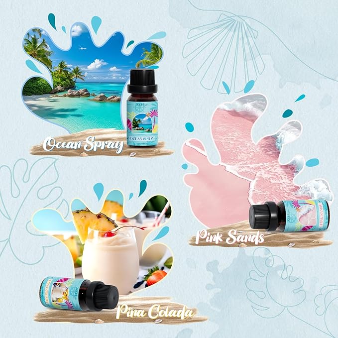 Beach Fragrance Oils Set, Essential Oil Gift Set for Diffuser, Summer Scent Diffuser Oil, Diffuser Scents Oil for Home-Ocean Spray, Pink Sands, Salty Sea, Pina Colada, Island Life, Sunshine