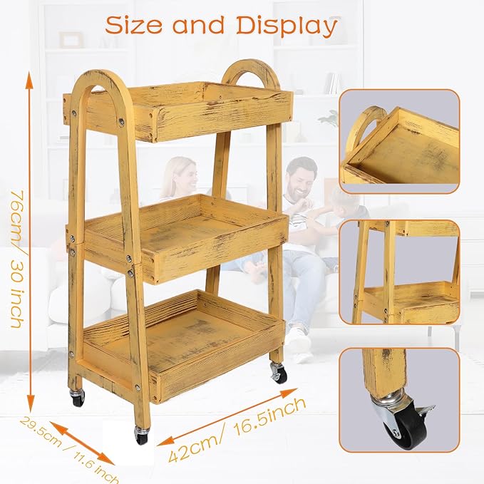3-Tier Rolling Utility Cart with Lockable Wheels Storage Slim Storage Heavy Duty Cart Mobile Shelving Unit Craft Narrow Organizer for Bathroom Laundry Kitchen (Vintage Yellow)
