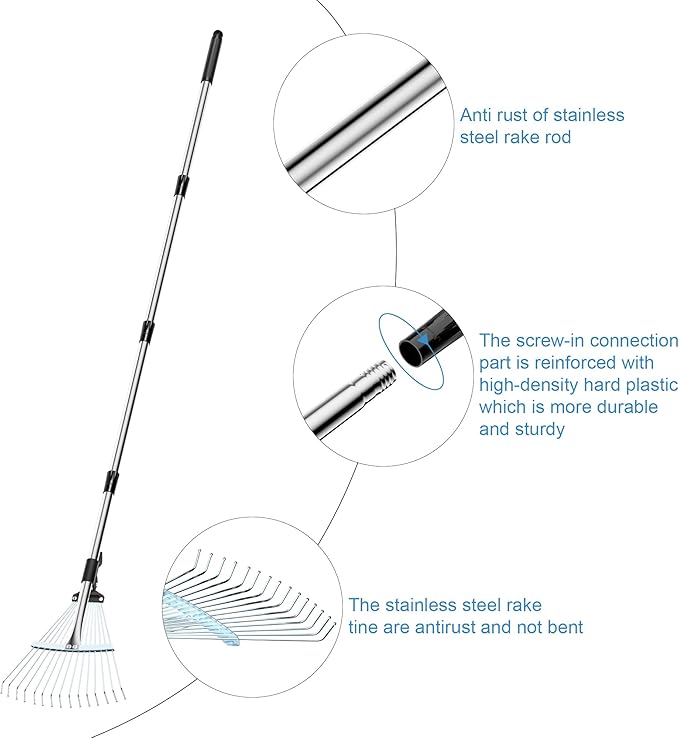 Garden Rake for Leaves, Heavy Duty Metal Adjustable Leaf Rake for Lawns, Length 37"-68", Adjustable Expandable Head 8"-15", Garden Tools for Lawn Garden Yard Flowers Beds Bush